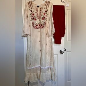 Cream Indian Outfit – Embroidered Dress & Pants (Medium, Never Worn)